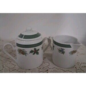 Christmas Fairfield Fine China Wintergreen Lidded Sugar Bowl and Creamer CHIP